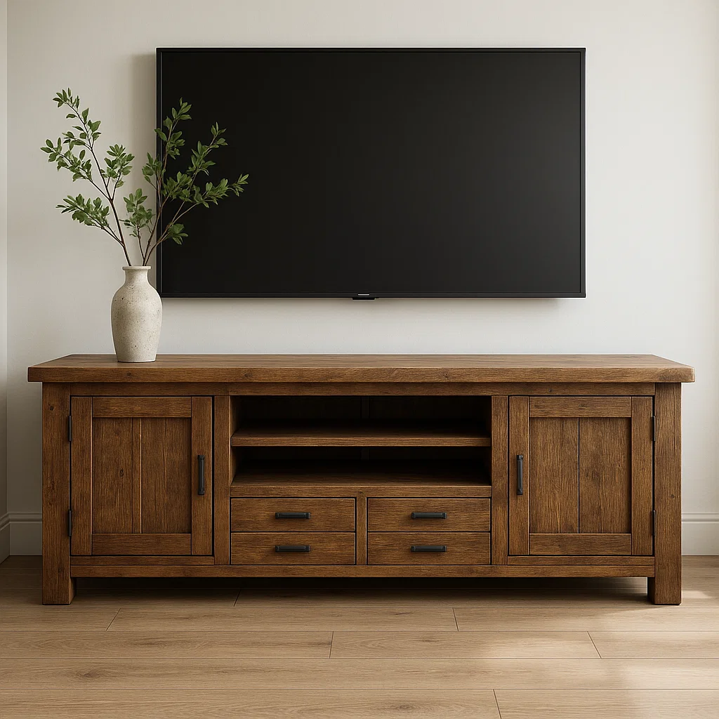 Handcrafted Solid Wood TV Stand – Rustic Farmhouse Media Console with Drawers, Cabinets & Open Shelves