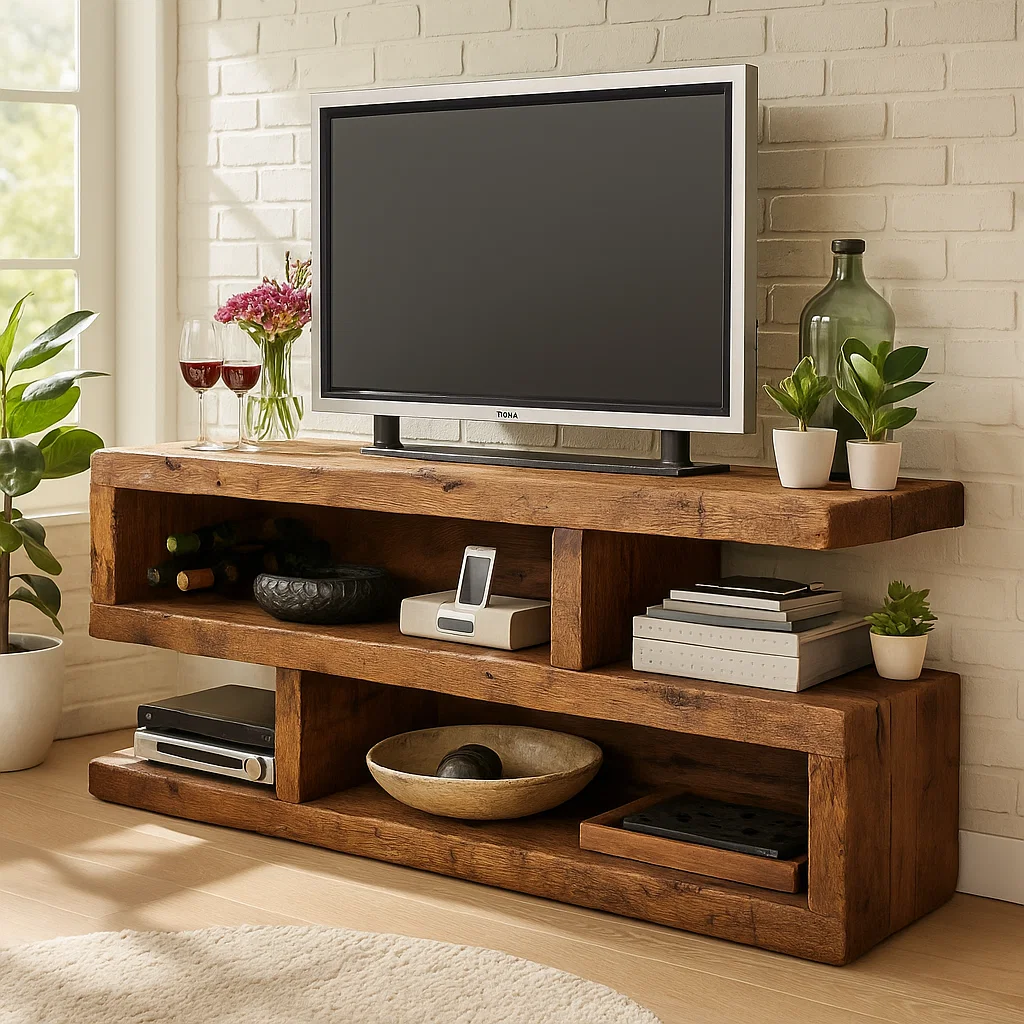 Rustic Solid Wood TV Stand – Handcrafted 3-Tier Media Console with Open Shelves and Natural Finish for Living Room