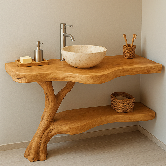 Handcrafted Solid Wood Bathroom Vanity – Live Edge Corner Design with Natural Finish