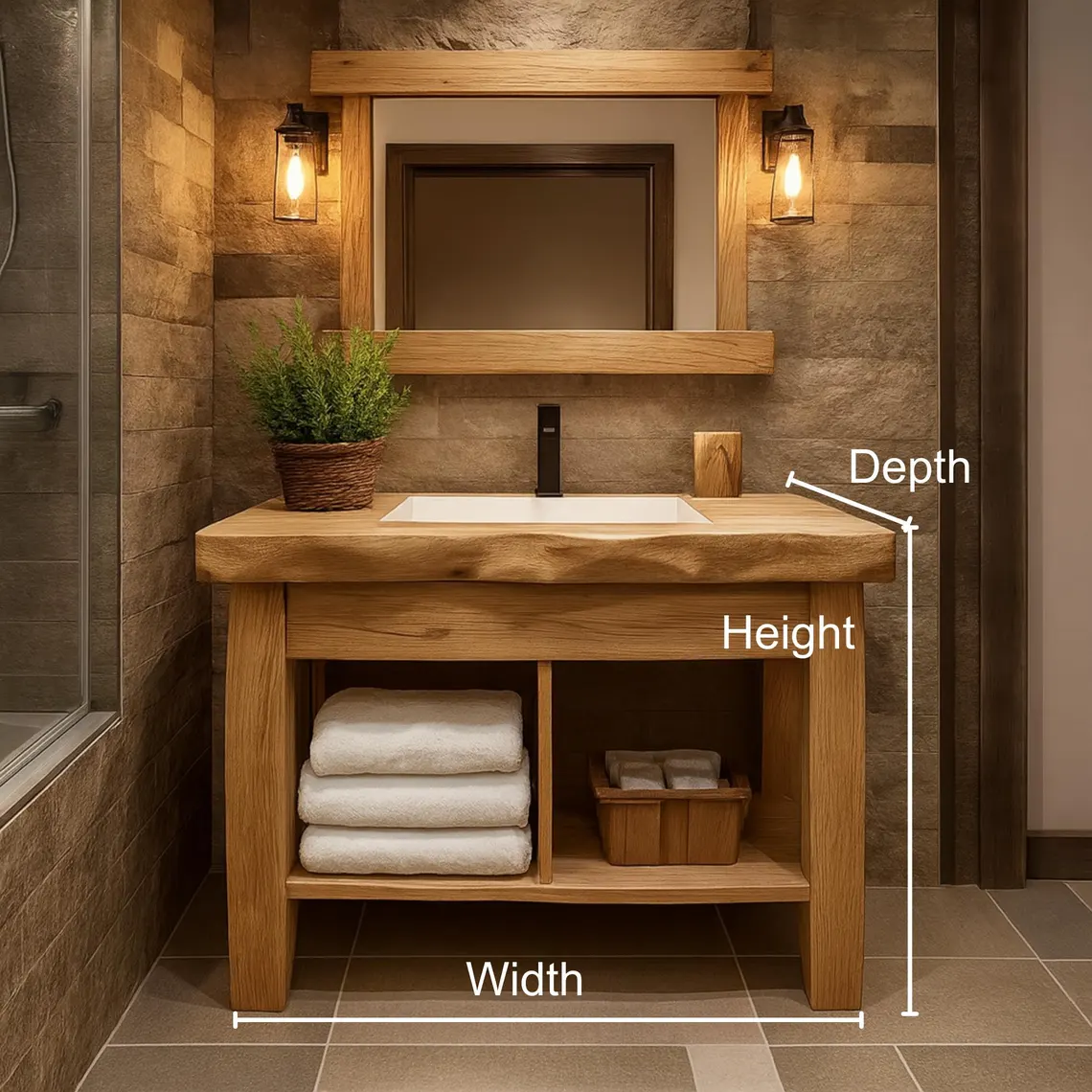 Handcrafted Solid Wood Bathroom Vanity with Natural Live Edge and Open Shelf Rustic Design