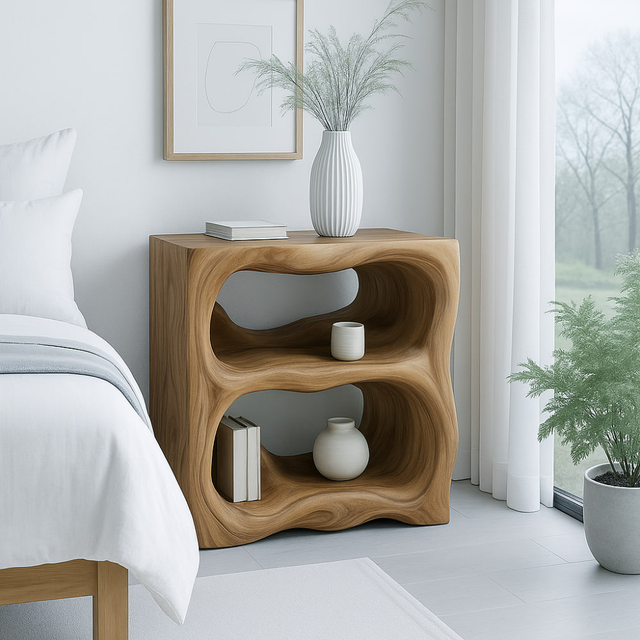 Handcrafted Solid Wood Nightstand – Sculptural Organic Bedside Table with Open Shelves
