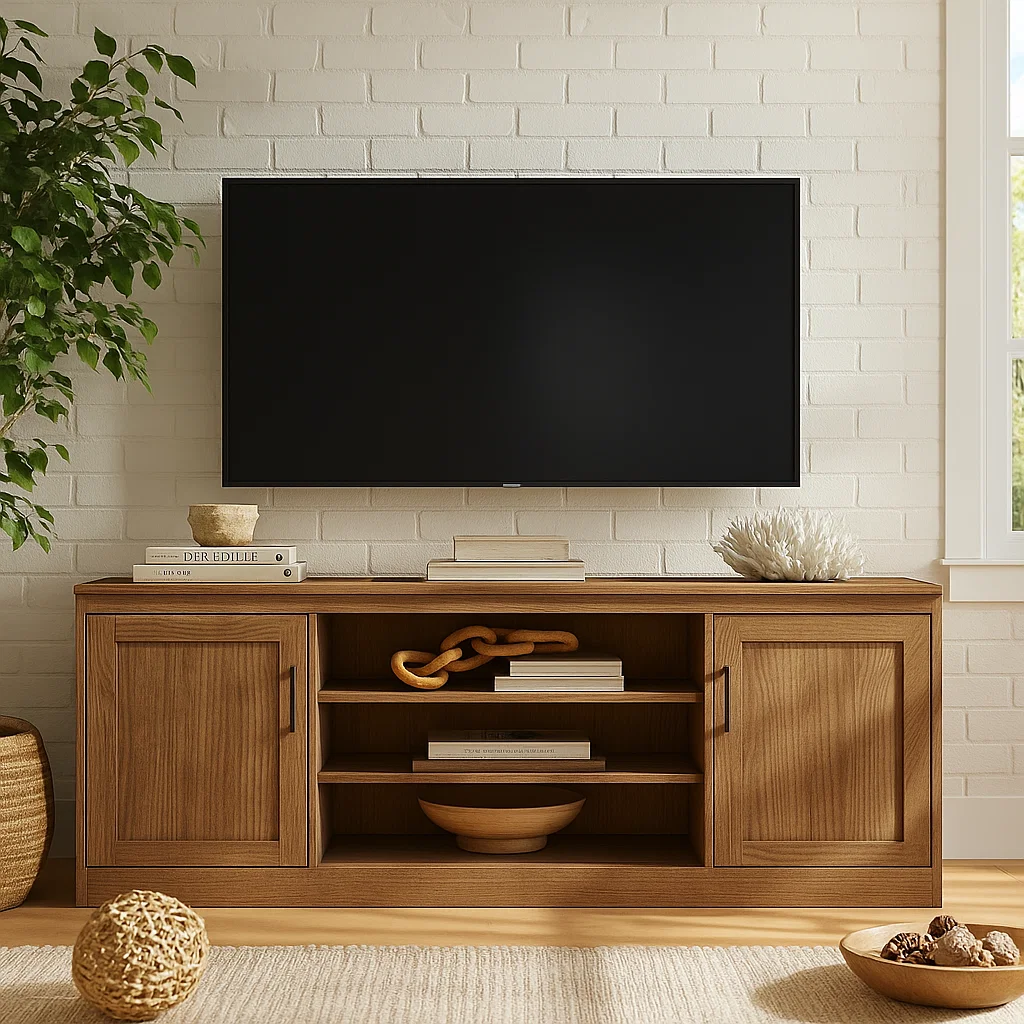 Handcrafted Solid Wood TV Stand with Shelves – Modern Walnut Media Console Furniture