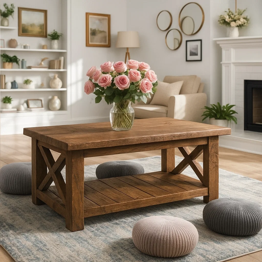 Handcrafted Solid Wood Farmhouse Coffee Table with X-Frame – Rustic Center Table with Bottom Shelf for Cozy Living Rooms