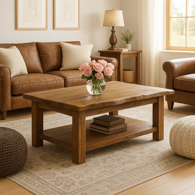 Handcrafted Solid Wood Coffee Table with Natural Live Edge – Rustic Farmhouse Center Table with Bottom Shelf for Cozy Living Rooms