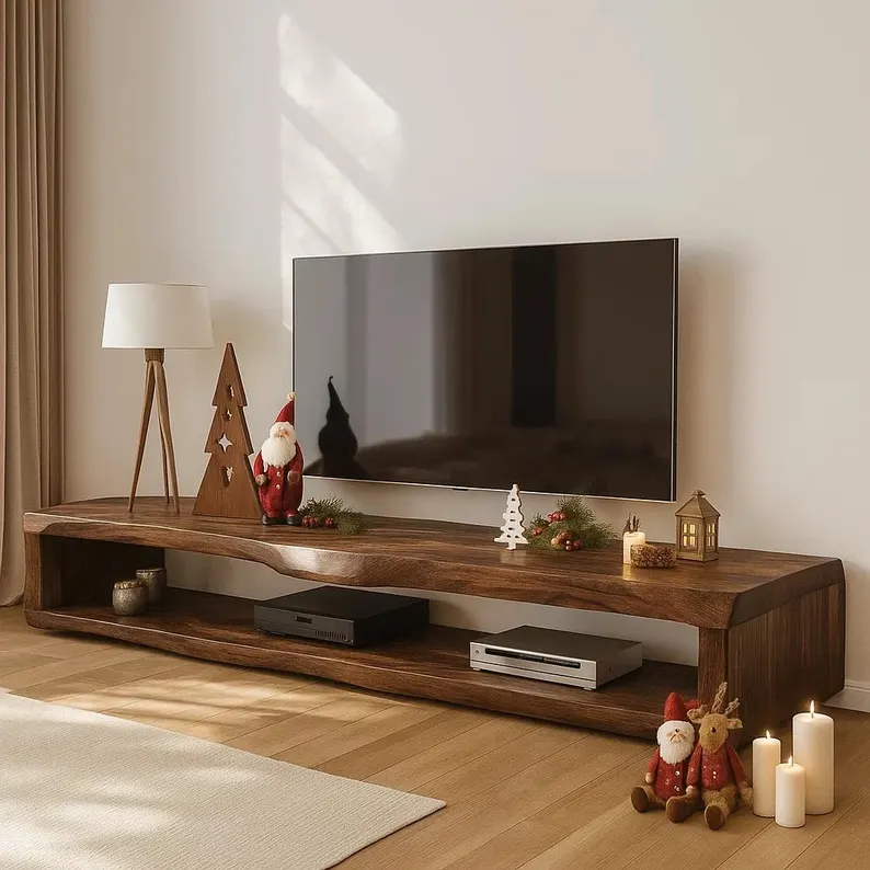 Solid Wood TV Stand, Modern Low Wooden Media Console with Storage, Durable Natural Wood Entertainment Unit for Living Room