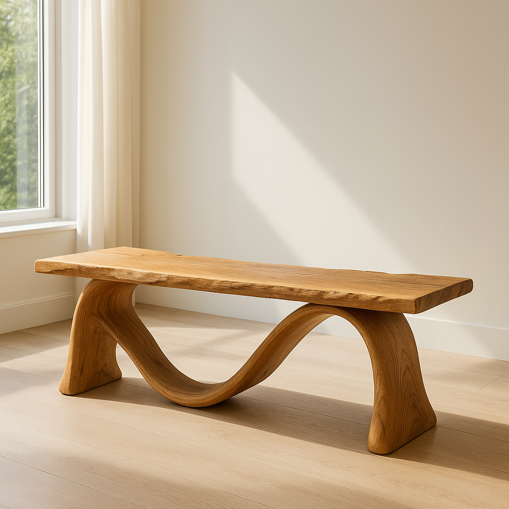 Handcrafted Solid Wood Bench – Sculptural Wave Design with Natural Live Edge Finish