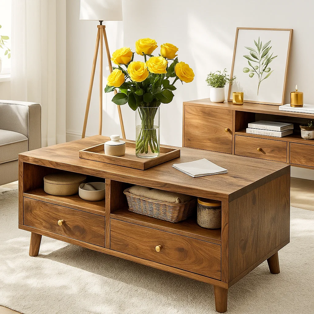 Handcrafted Solid Wood Coffee Table – Mid-Century Modern Wooden Center Table with Drawers and Open Storage for Living Room