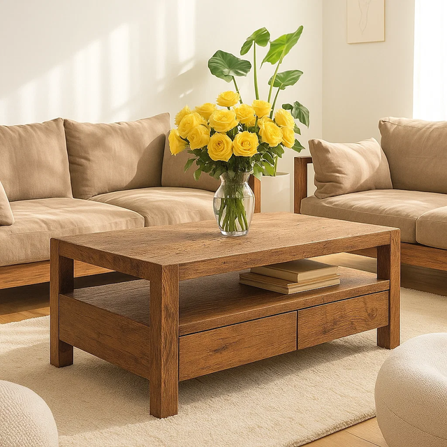 Handcrafted Solid Wood Coffee Table – Modern Rustic Center Table with Drawers and Open Shelf for Minimalist Living Room Décor