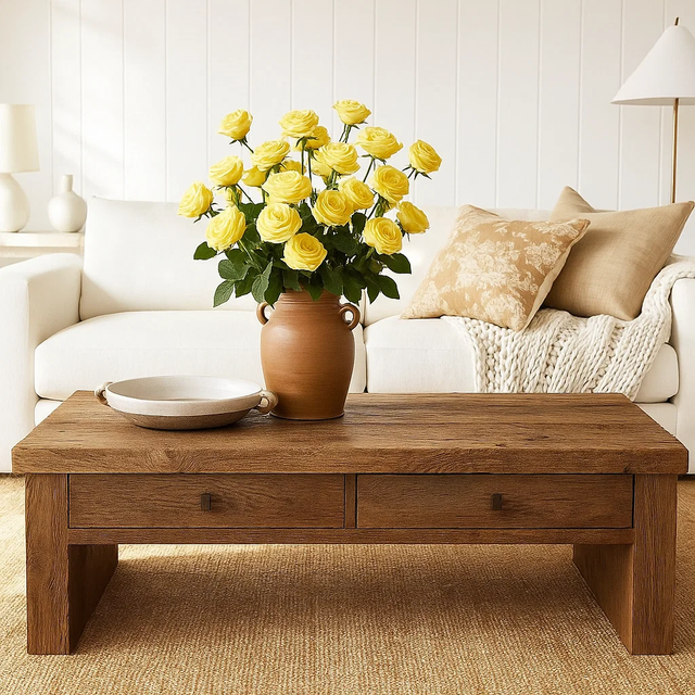 Handcrafted Solid Wood Coffee Table – Rustic Farmhouse Center Table with Drawers, Minimal Design for Elegant Living Room