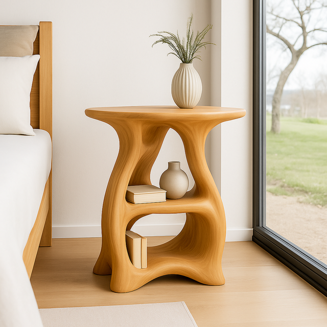 Handcrafted Solid Wood Nightstand – Sculptural Bedside Table with Curved Organic Design
