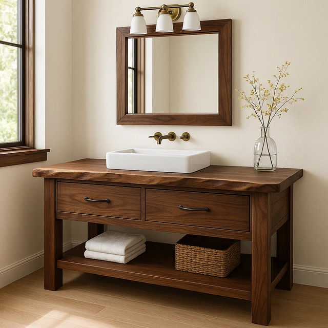 Handcrafted Solid Wood Bathroom Vanity with Live Edge Top and Double Drawer Storage