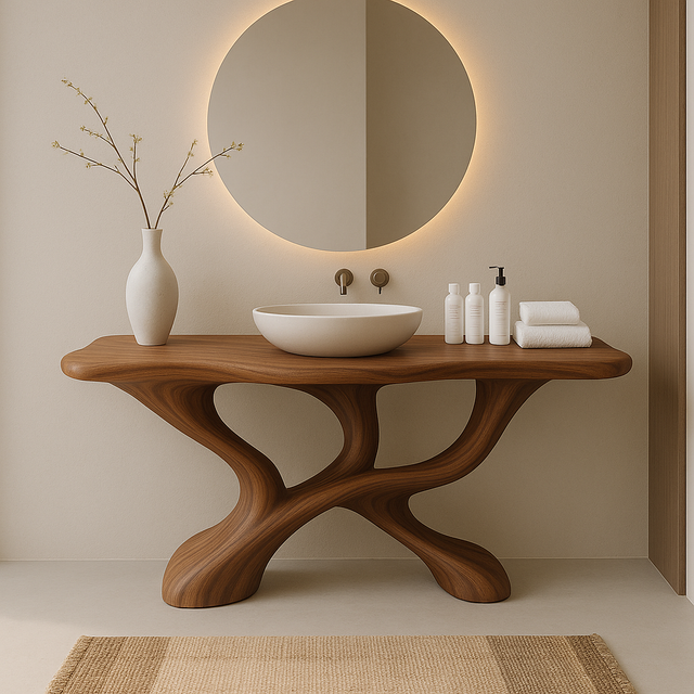 Handcrafted Solid Wood Sculptural Vanity with Fluid Modern Design and Artistic Form