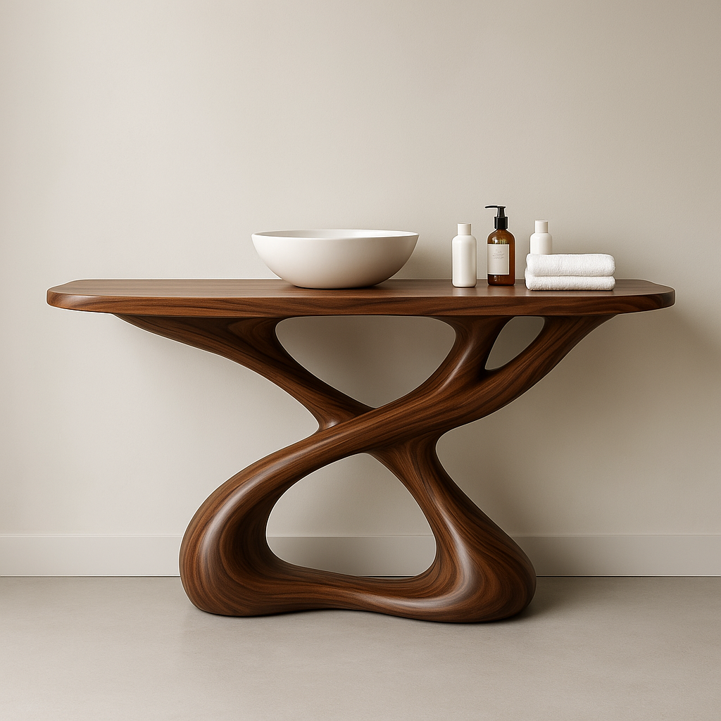 Handcrafted Solid Wood Sculptural Vanity with Organic Flowing Design for Modern Spaces