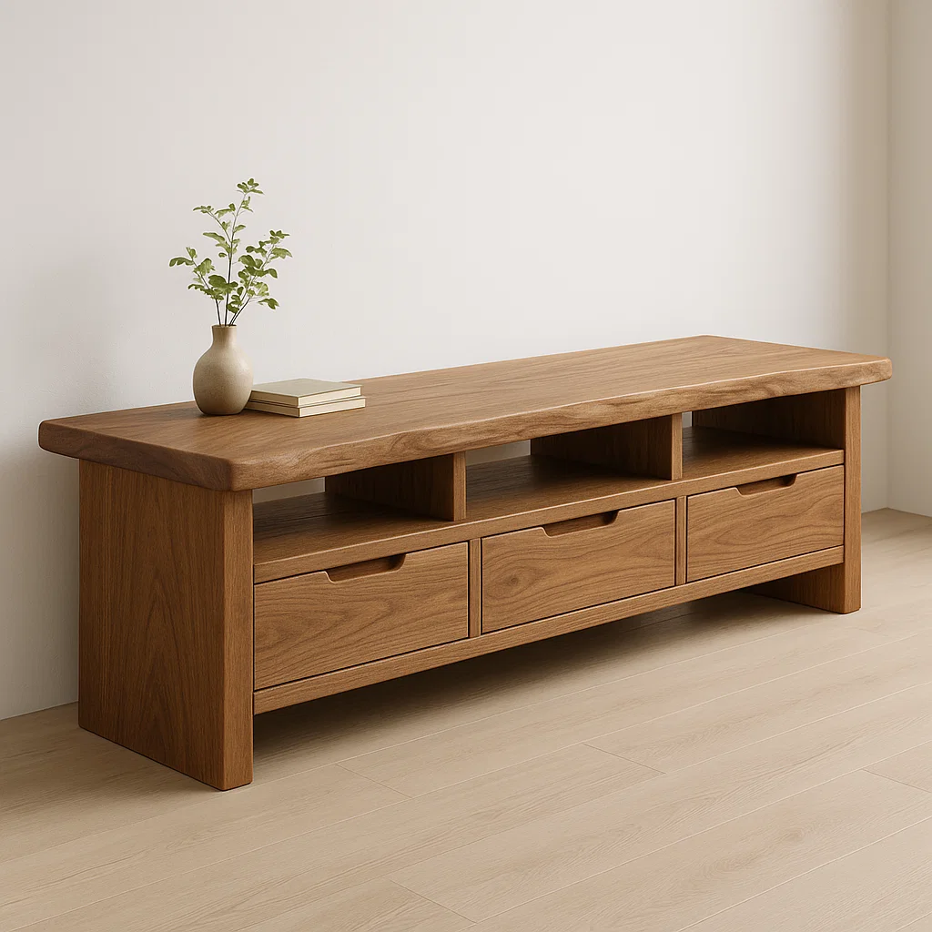 Handcrafted Solid Wood TV Stand with Smooth Live Edge – Modern Rustic Media Console with Drawers & Open Shelves