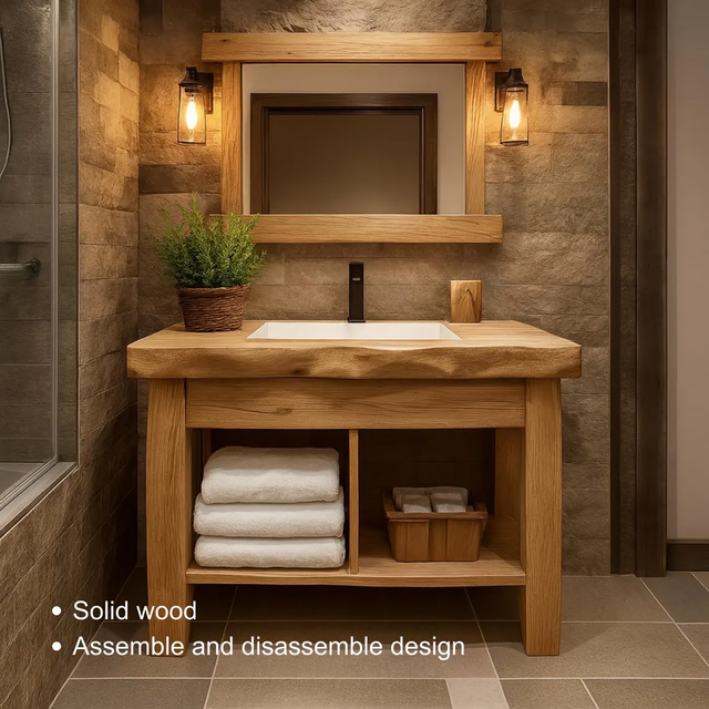 Handcrafted Solid Wood Bathroom Vanity with Natural Live Edge and Open Shelf Rustic Design