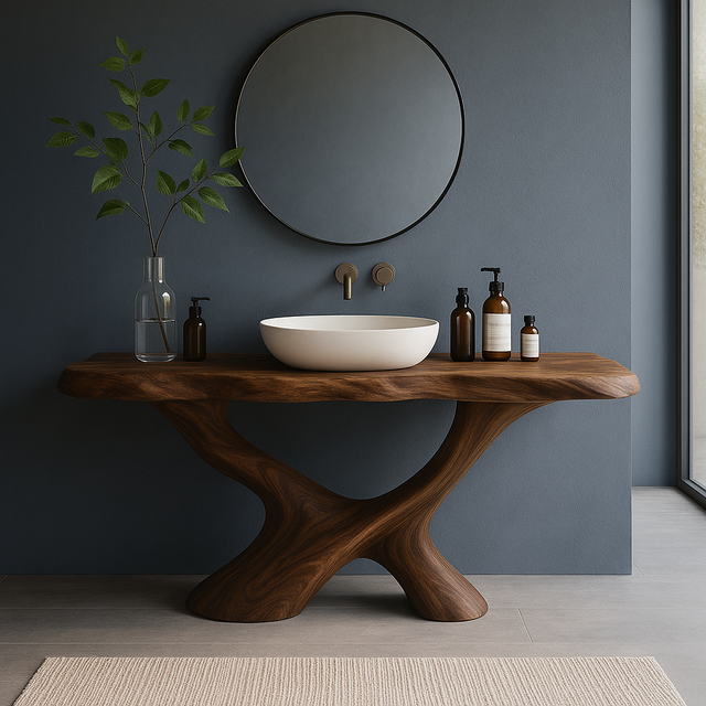 Handcrafted Solid Wood Bathroom Vanity – Sculptural Organic Flow Base with Modern Artistic Form