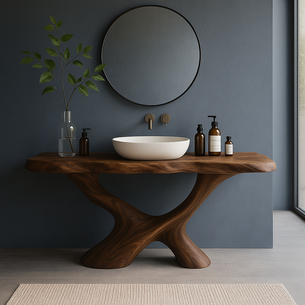 Handcrafted Solid Wood Bathroom Vanity – Sculptural Organic Flow Base with Modern Artistic Form