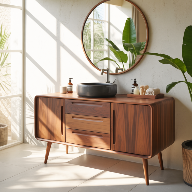 Solid Wood Bathroom Vanity with Mid-Century Design – Handmade Natural Timber Sink Cabinet