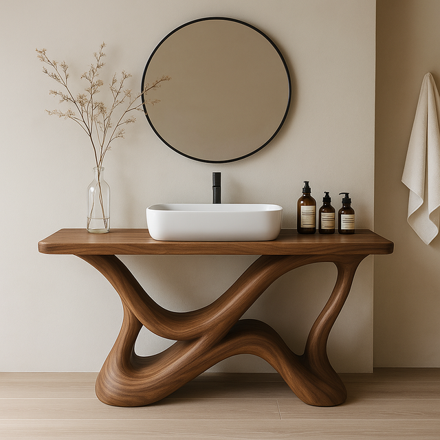 Handcrafted Solid Wood Bathroom Vanity – Organic Interwoven Flow Sculptural Base Design