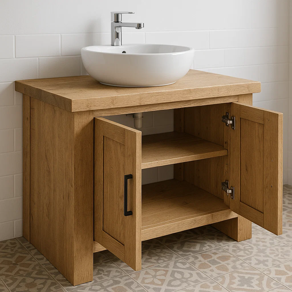 Modern Handcrafted Solid Wood Bathroom Vanity – Minimalist Cabinet Base with Double Doors