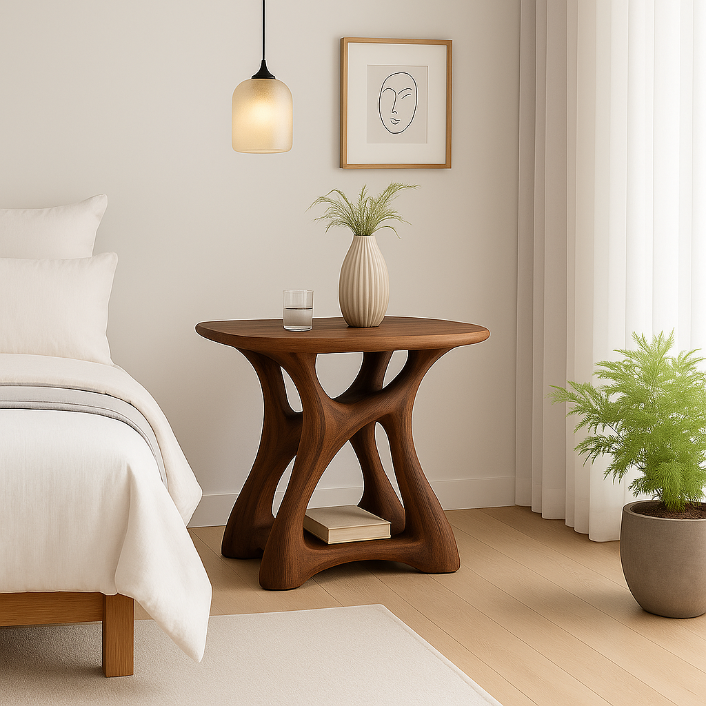 Handcrafted Solid Wood Nightstand – Modern Sculptural Bedside Table with Open Storage
