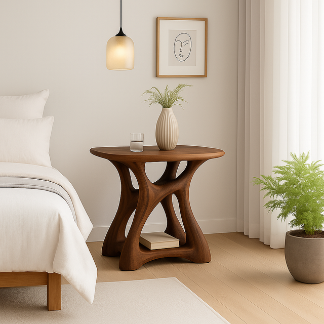 Handcrafted Solid Wood Nightstand – Modern Sculptural Bedside Table with Open Storage