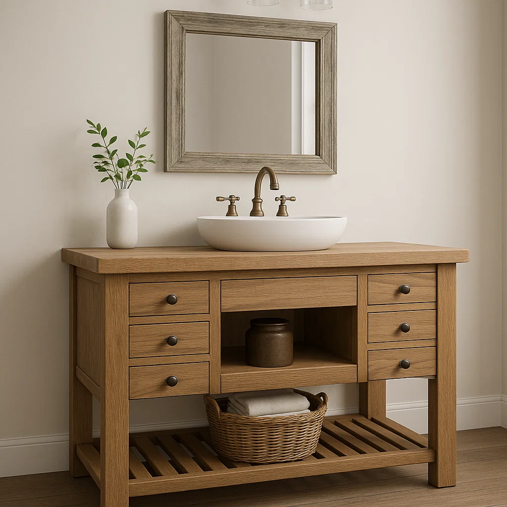 Handcrafted Solid Wood Vanity – Farmhouse Style Bathroom Base with 6 Drawers and Open Shelf