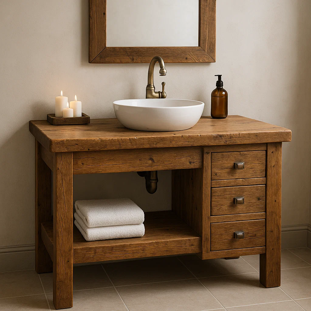 Handcrafted Solid Wood Bathroom Vanity – Rustic Base with Side Drawers and Open Shelf