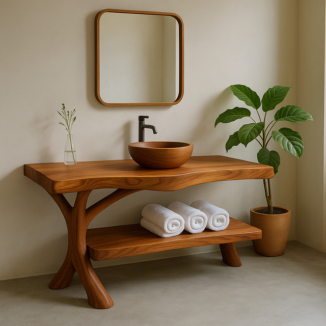 Handcrafted Solid Wood Bathroom Vanity – Organic Curved Design with Shelf for Towels