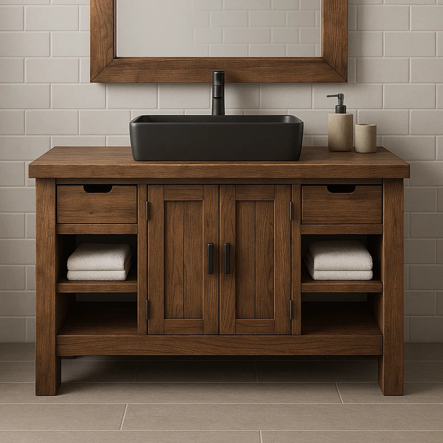 Handcrafted Solid Wood Bathroom Vanity – Modern Farmhouse Cabinet with Shelves and Storage Drawers