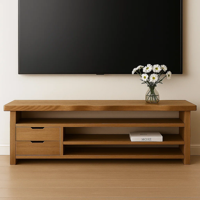 Handcrafted Solid Wood TV Stand with Live Edge Top – Modern Minimal Media Console with Drawers & Open Shelves