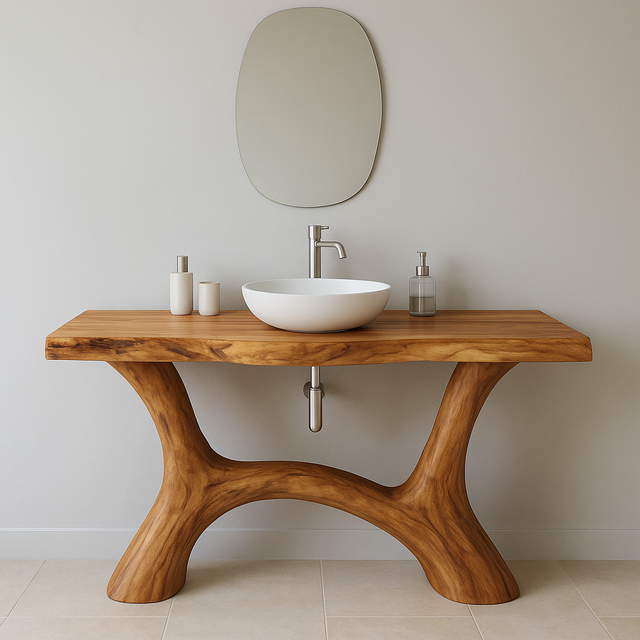 Handcrafted Solid Wood Bathroom Vanity – Modern Organic Form with Sculptural Curved Base