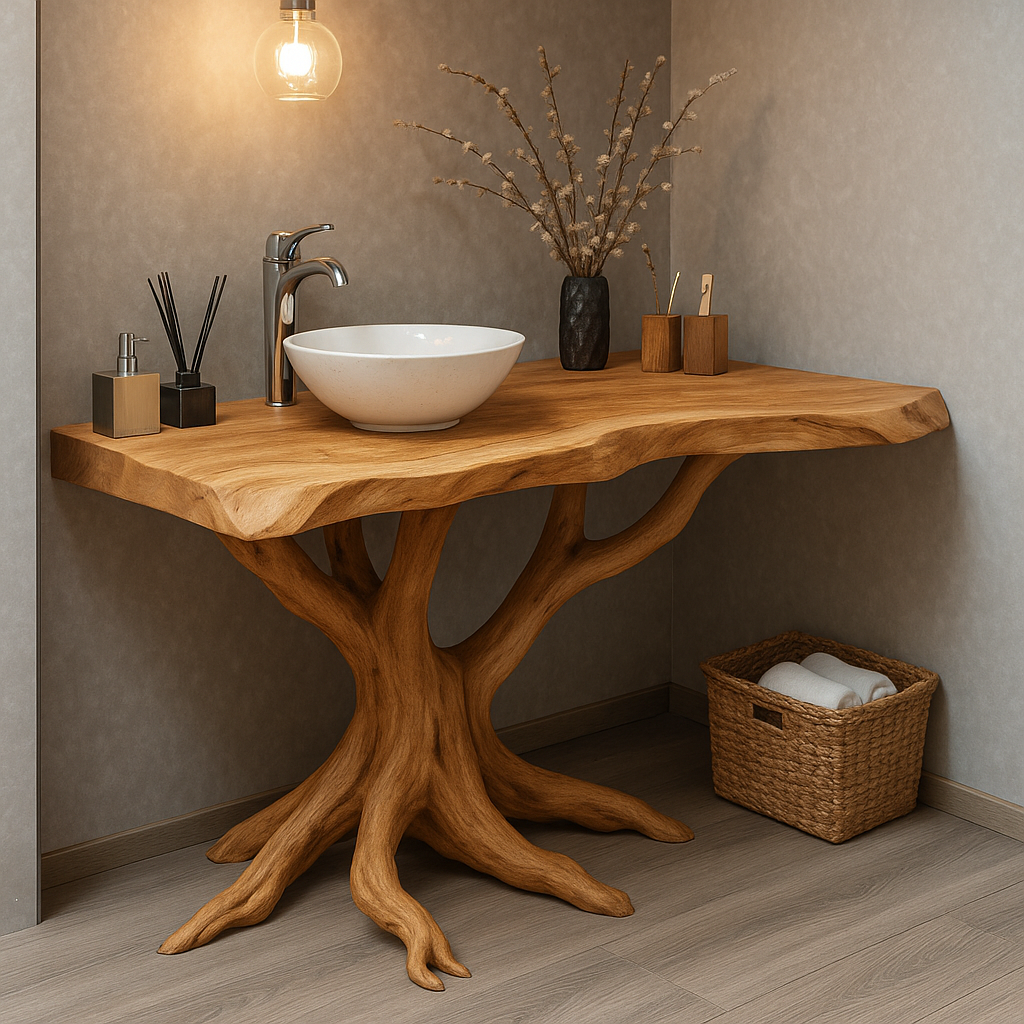 Handcrafted Solid Wood Bathroom Vanity – Sculptural Tree Root Design with Natural Live Edge
