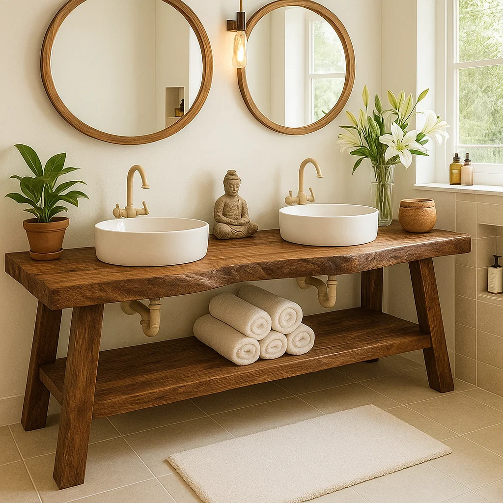 Handcrafted Double Solid Wood Bathroom Vanity with Drawers and Slatted Shelf for Modern Homes
