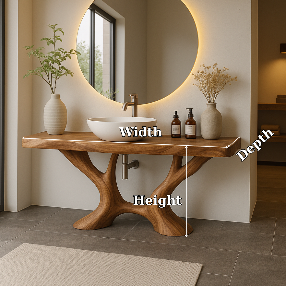 Handcrafted Solid Wood Bathroom Vanity with Artistic Branch Base – Modern Organic Bathroom Design