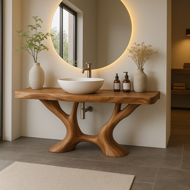 Handcrafted Solid Wood Bathroom Vanity with Artistic Branch Base – Modern Organic Bathroom Design