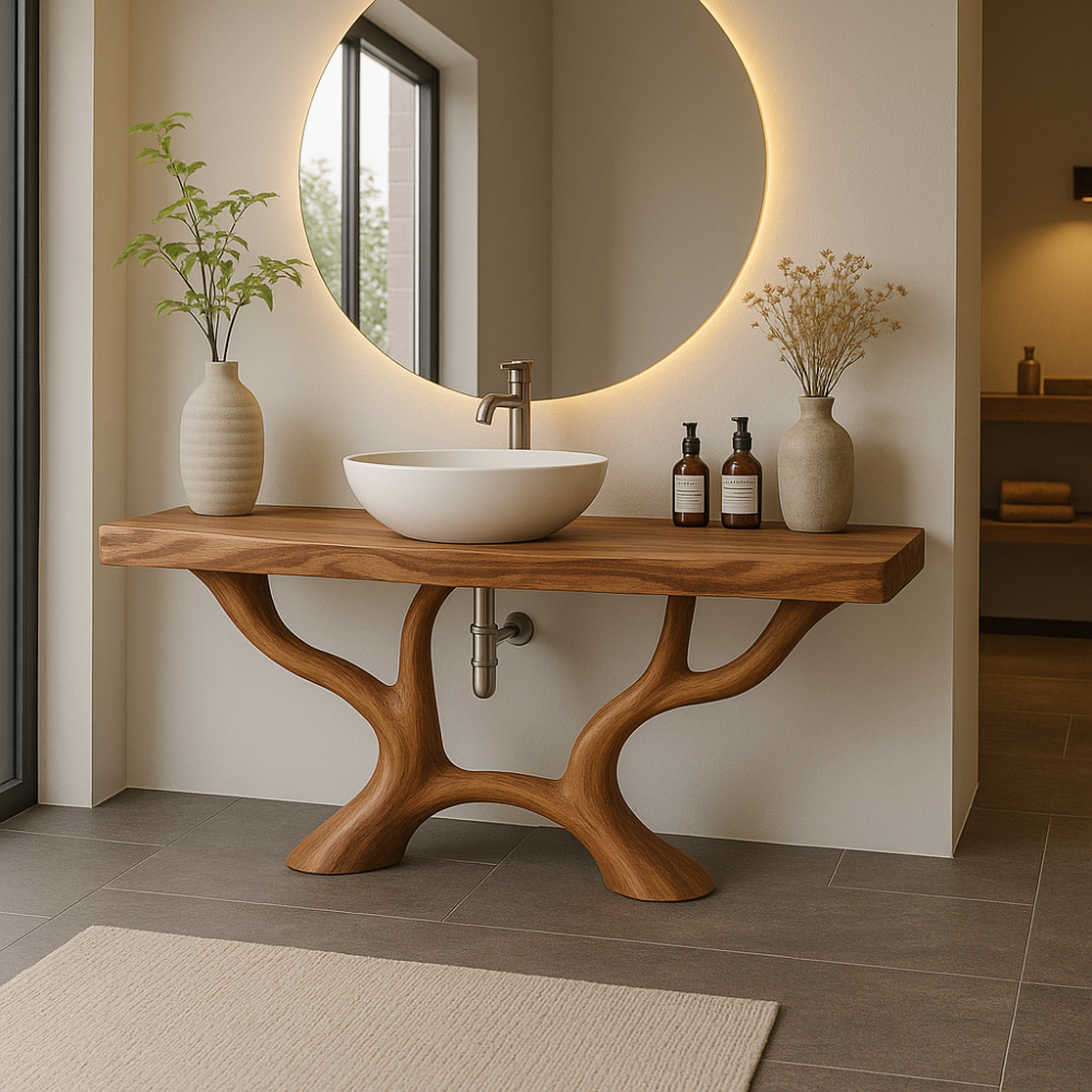 Handcrafted Solid Wood Bathroom Vanity with Organic Branch Design – Modern Natural Elegance