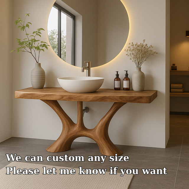 Handcrafted Solid Wood Bathroom Vanity with Organic Flow Design – Modern Natural Aesthetic