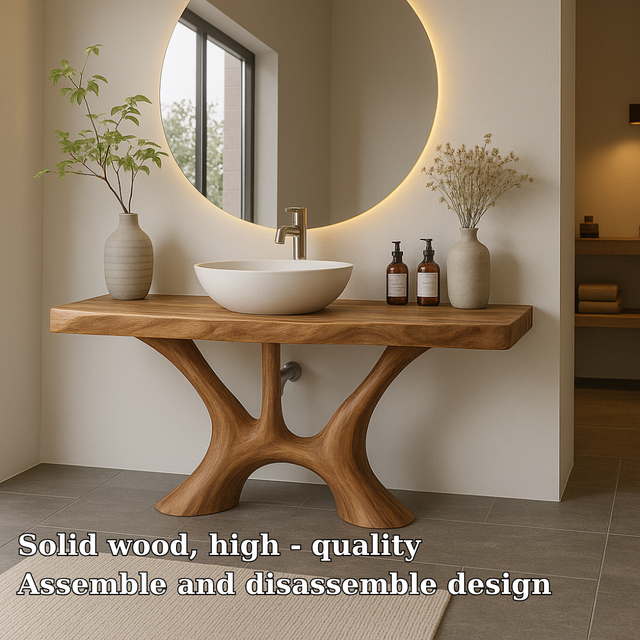 Handcrafted Solid Wood Bathroom Vanity with Organic Flow Design – Modern Natural Aesthetic