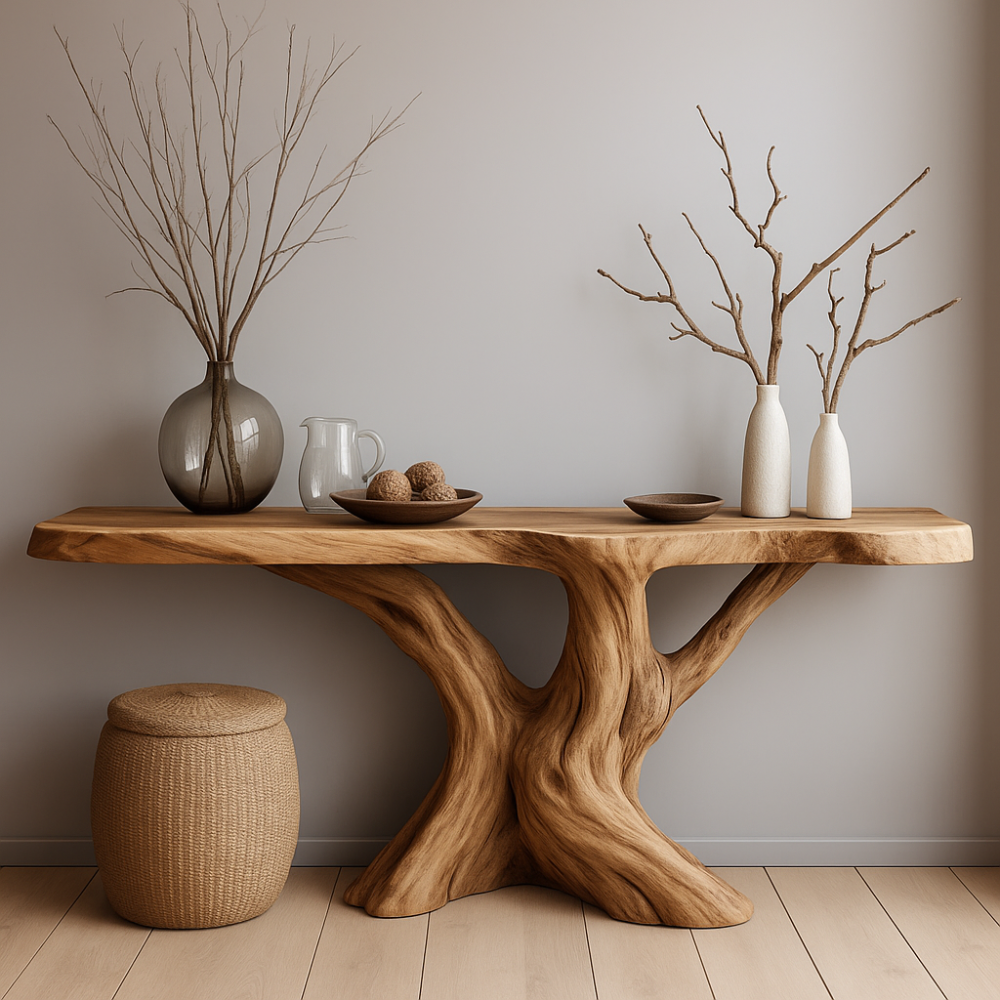 Handcrafted Solid Wood Console Table with Natural Tree Trunk Design – Organic Modern Furniture