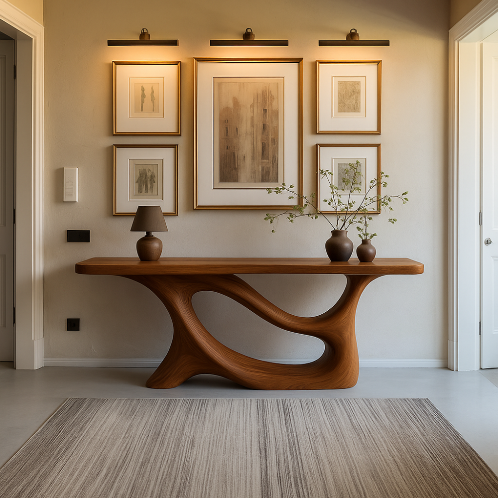 Handcrafted Solid Wood Console Table with Artistic Flow Base – Modern Entryway Furniture