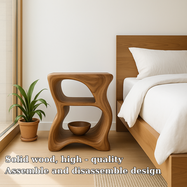Handcrafted Solid Wood Nightstand – Modern Sculptural Bedside Table with Open Shelves