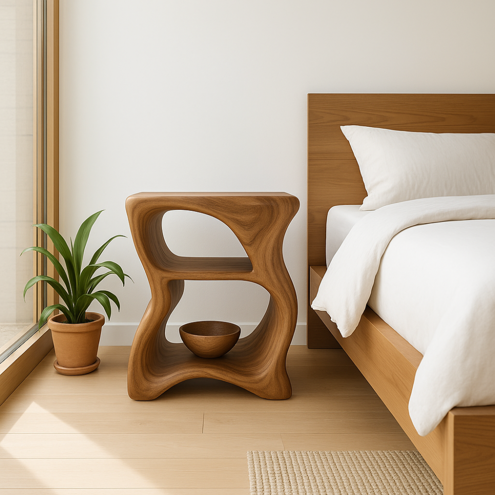 Handcrafted Solid Wood Nightstand – Modern Sculptural Bedside Table with Open Shelves