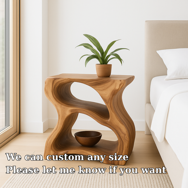 Handcrafted Solid Wood Nightstand – Modern Sculptural Bedside Table with Open Storage