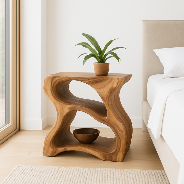 Handcrafted Solid Wood Nightstand – Modern Sculptural Bedside Table with Open Storage