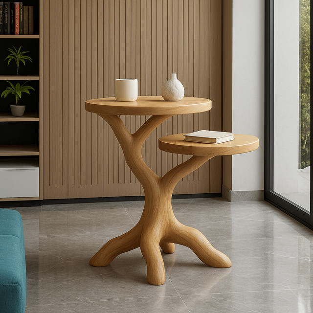 Handcrafted Solid Wood End Table – Two-Tier Light Oak Organic Design for Modern Spaces