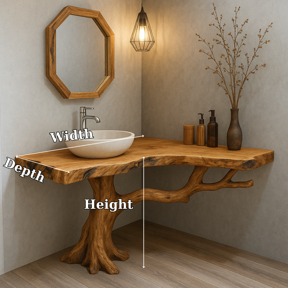 Handcrafted Solid Wood Bathroom Vanity – Organic Tree Branch Base with Live Edge Top