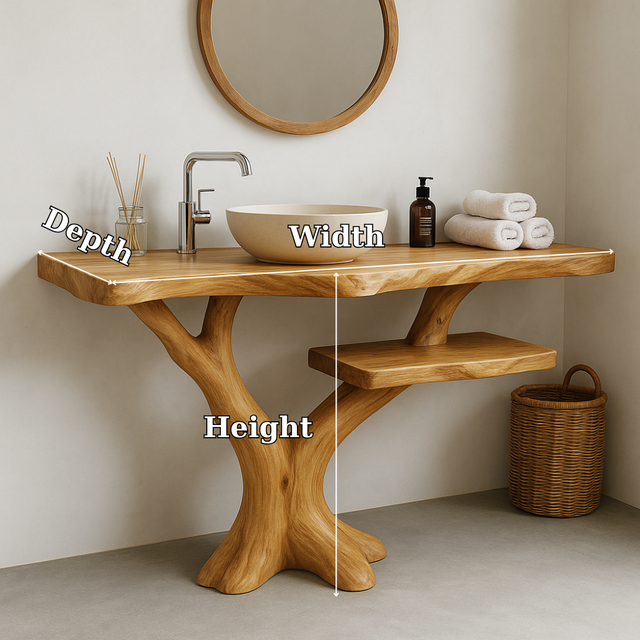 Handcrafted Solid Wood Bathroom Vanity – Natural Tree Form Design with Floating Shelf