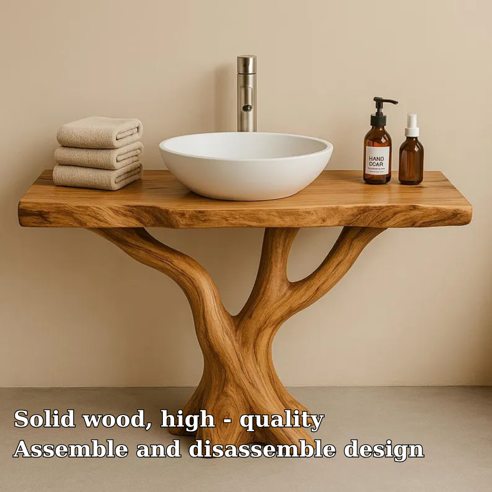 Handcrafted Solid Wood Bathroom Vanity with Tree Design – Natural Organic Sink Console