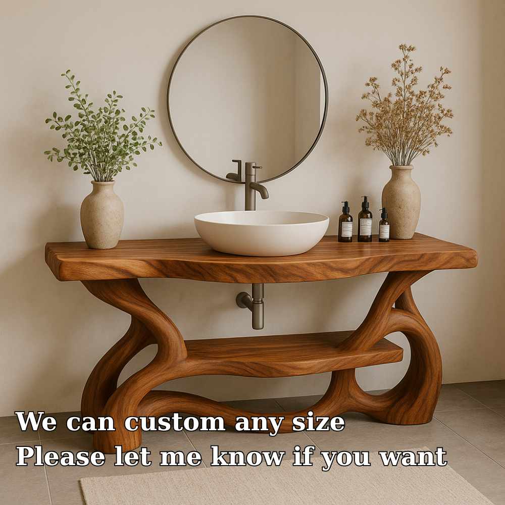 Handcrafted Solid Wood Bathroom Vanity with Sculptural Organic Base – Modern Natural Design